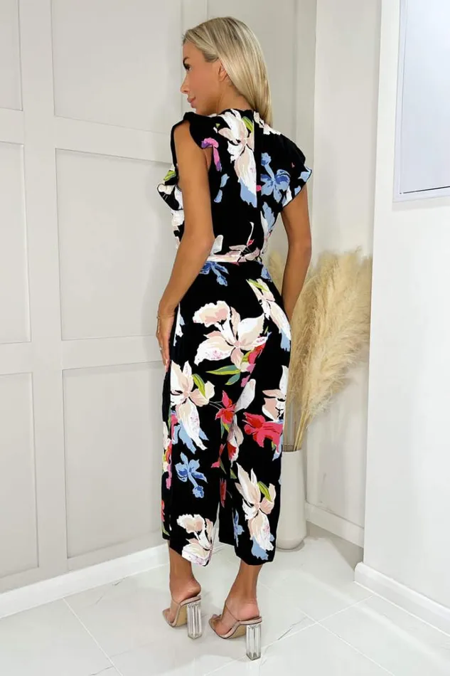 AX Paris Black Floral Printed Wrap Front Belted Jumpsuit Women Jumpsuits And Playsuits
