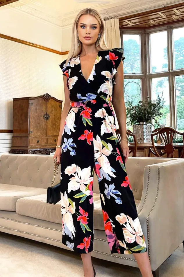 AX Paris Black Floral Printed Wrap Front Belted Jumpsuit Women Jumpsuits And Playsuits