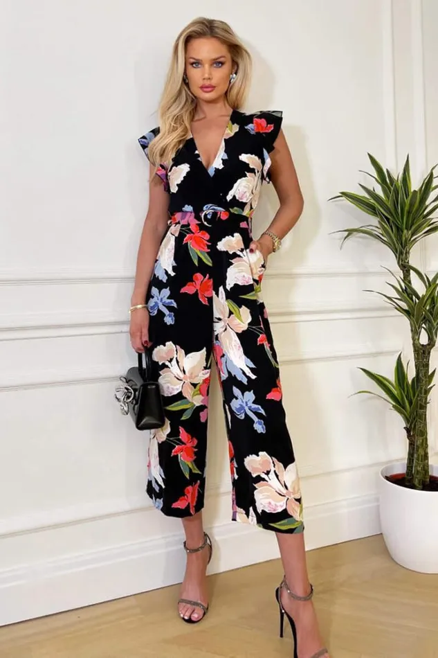AX Paris Black Floral Printed Wrap Front Belted Jumpsuit Women Jumpsuits And Playsuits