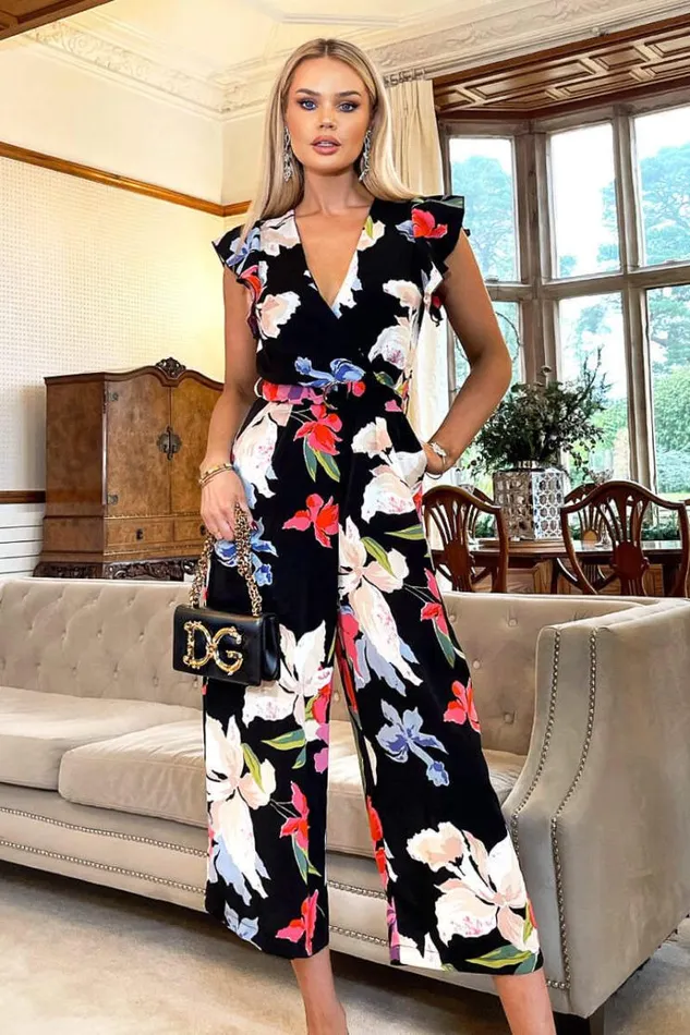 AX Paris Black Floral Printed Wrap Front Belted Jumpsuit Women Jumpsuits And Playsuits