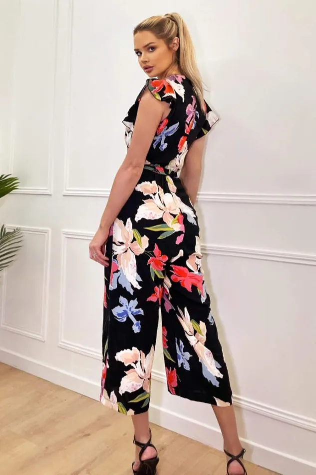 AX Paris Black Floral Printed Wrap Front Belted Jumpsuit Women Jumpsuits And Playsuits