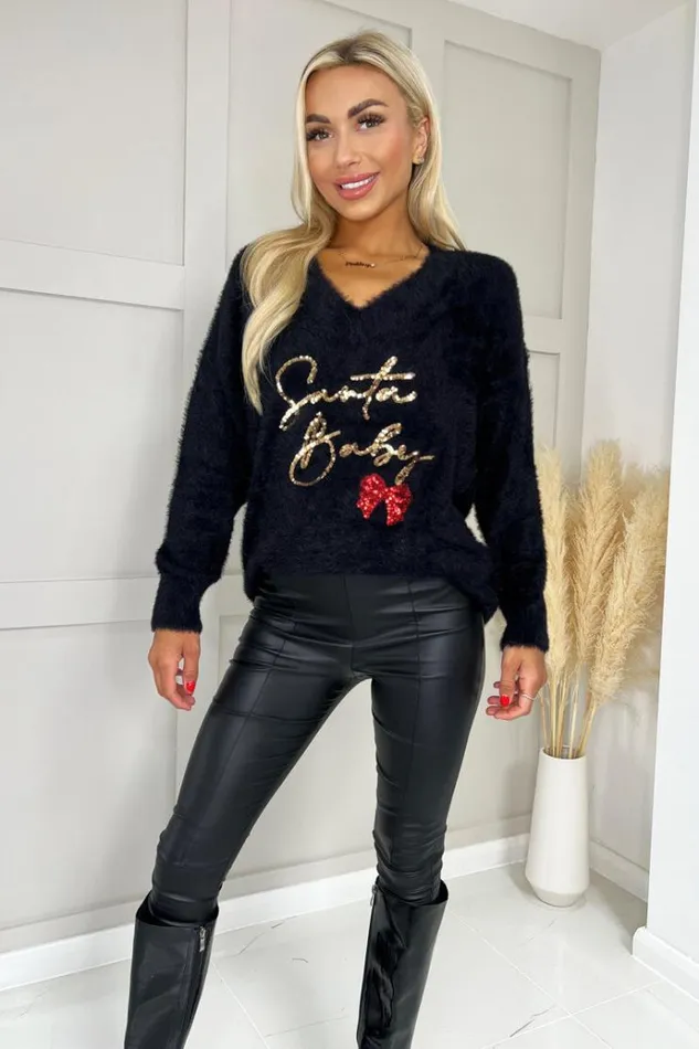 AX Paris Black Fluffy Santa Baby Sequin Jumper Women Tops