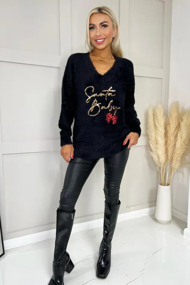 AX Paris Black Fluffy Santa Baby Sequin Jumper Women Tops