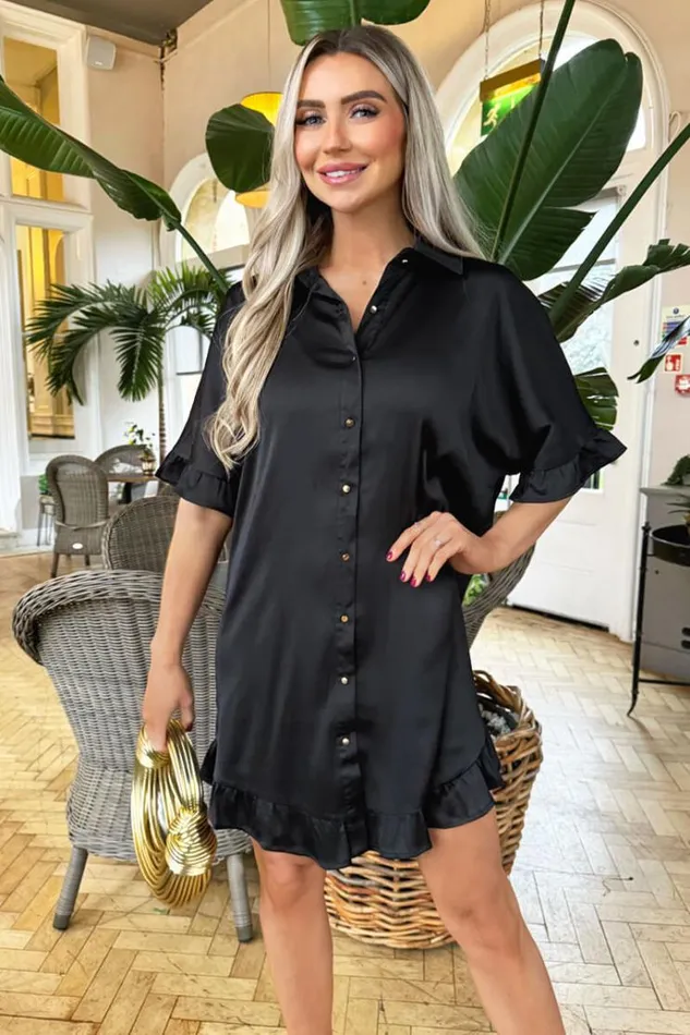 AX Paris Black Frill Detail Gold Button Front Shirt Dress Women Dresses