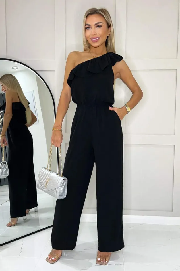 AX Paris Black Frill One Shoulder Jumpsuit Women Jumpsuits And Playsuits
