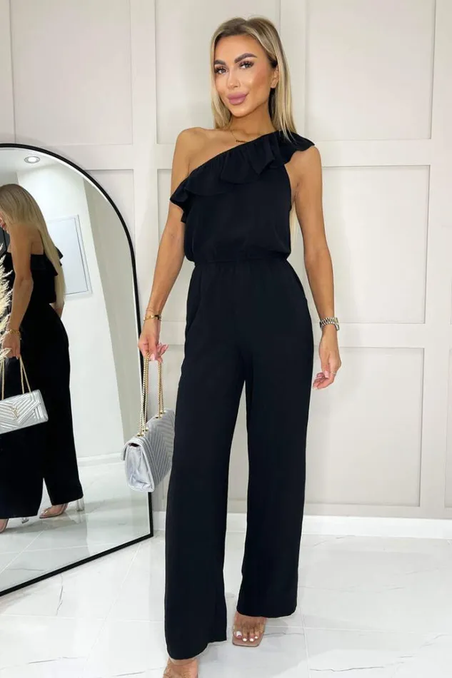 AX Paris Black Frill One Shoulder Jumpsuit Women Jumpsuits And Playsuits