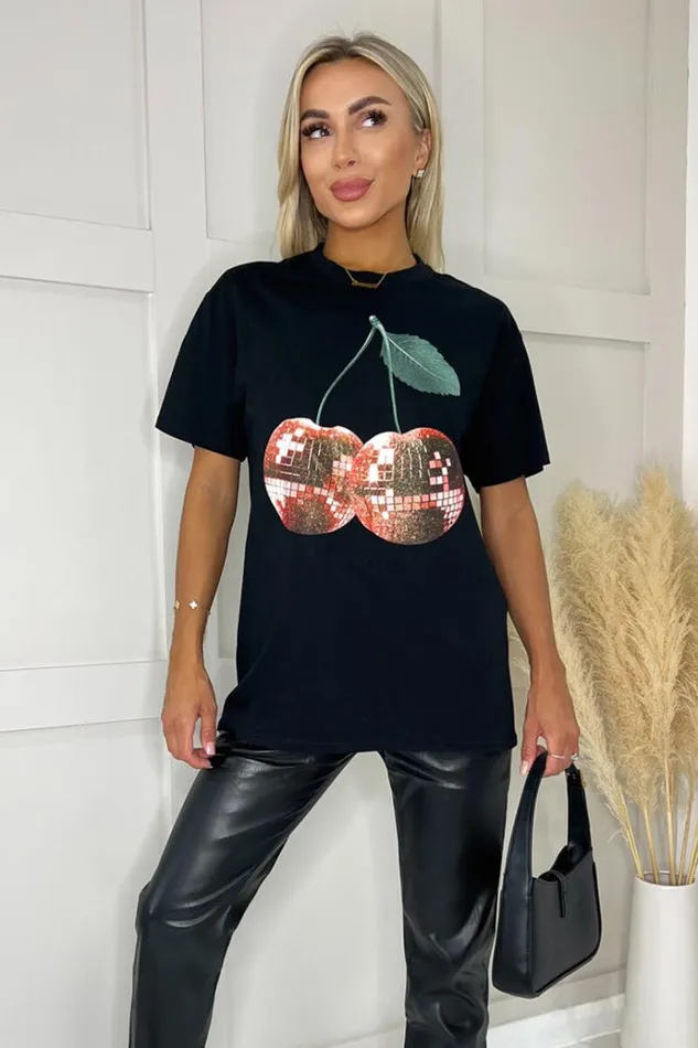 AX Paris Black Glitter Cherry Print TShirt Women Tops