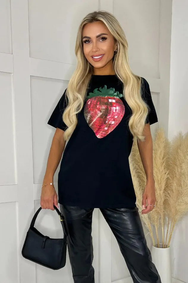 AX Paris Black Glitter Strawberry Print TShirt Women Tops