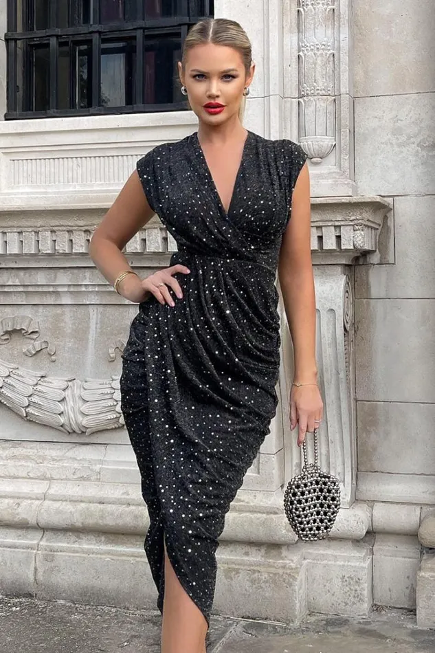 AX Paris Black Glitter Wrap Draped Midi Dress Women Dresses