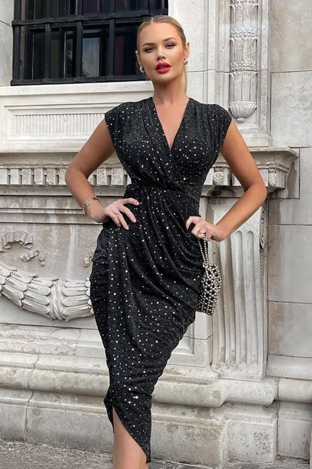 AX Paris Black Glitter Wrap Draped Midi Dress Women Dresses