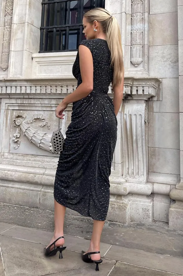 AX Paris Black Glitter Wrap Draped Midi Dress Women Dresses