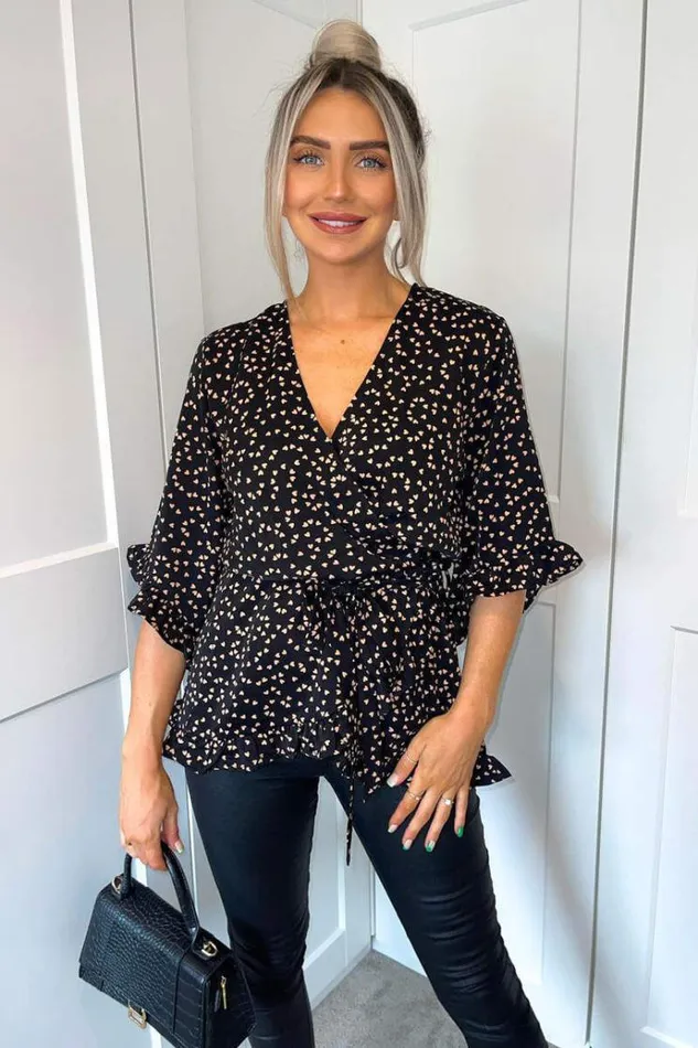 AX Paris Black Heart Print Frill Hem Wrap Top Women Tops