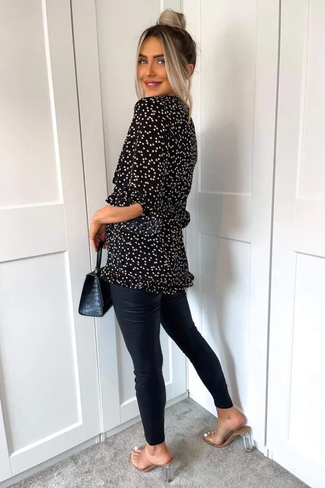 AX Paris Black Heart Print Frill Hem Wrap Top Women Tops