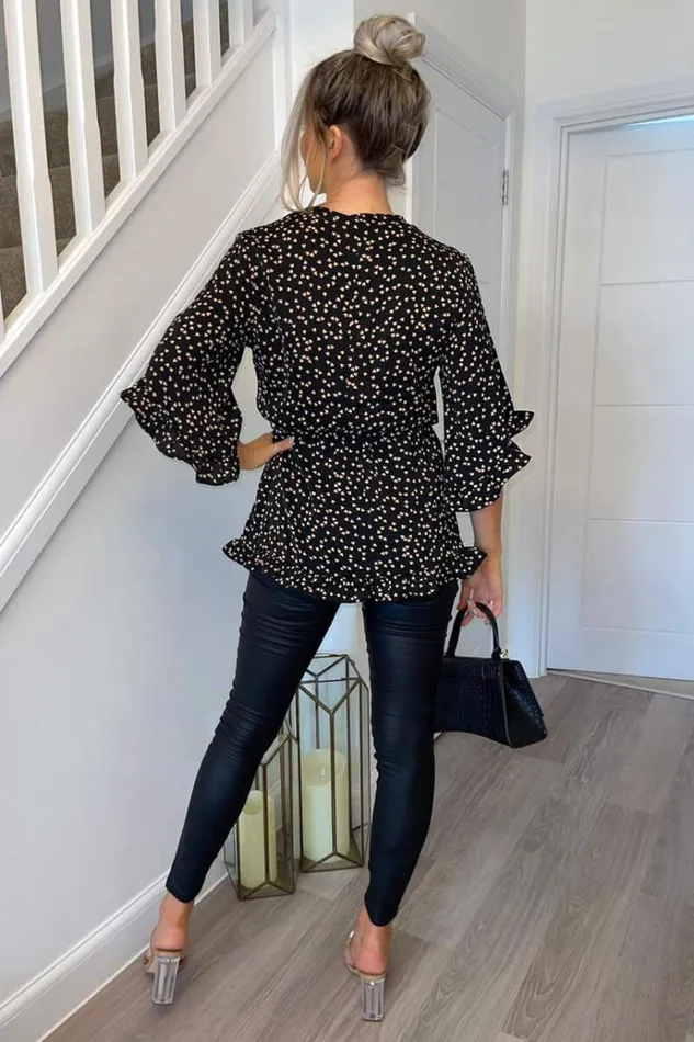 AX Paris Black Heart Print Frill Hem Wrap Top Women Tops