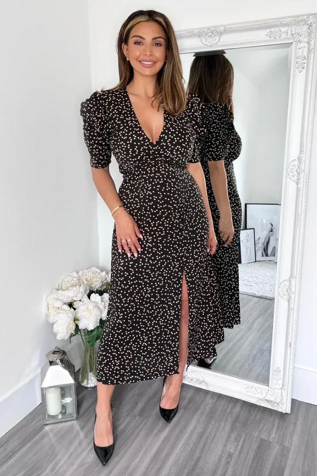 AX Paris Black Heart Printed Pleated Sleeve Midi Dress Women Dresses