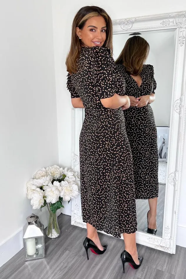 AX Paris Black Heart Printed Pleated Sleeve Midi Dress Women Dresses