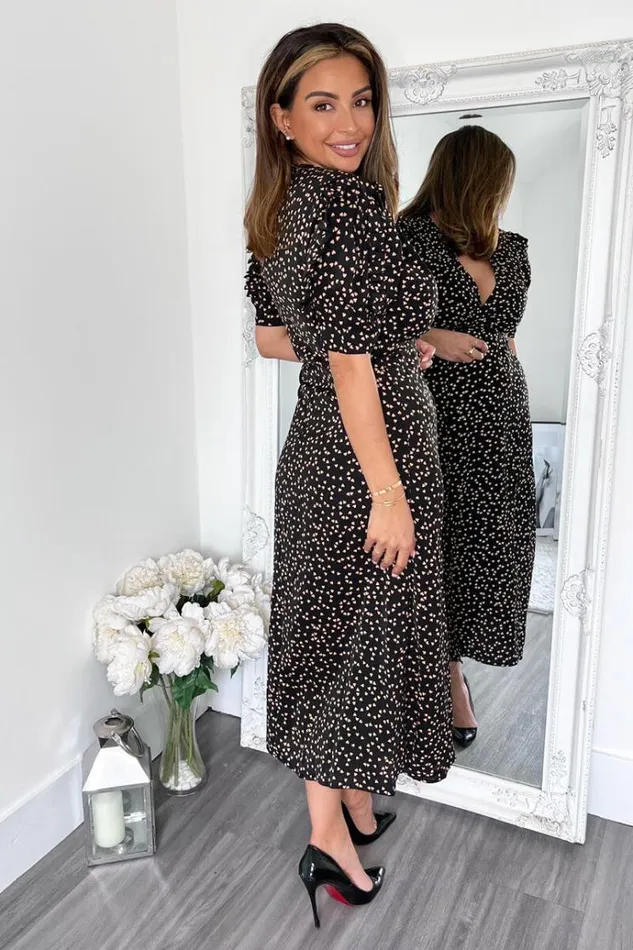 AX Paris Black Heart Printed Pleated Sleeve Midi Dress Women Dresses