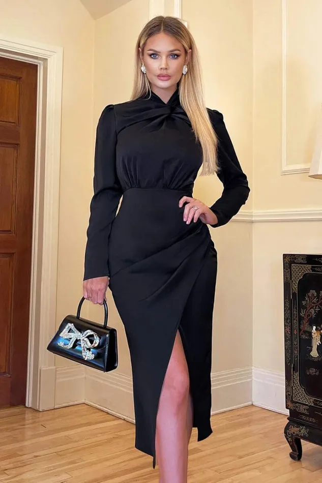 AX Paris Black High Knot Neck Wrap Midi Dress Women Dresses
