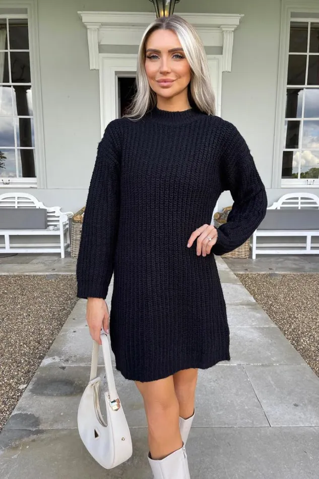 AX Paris Black High Neck Knitted Jumper Dress Women Dresses