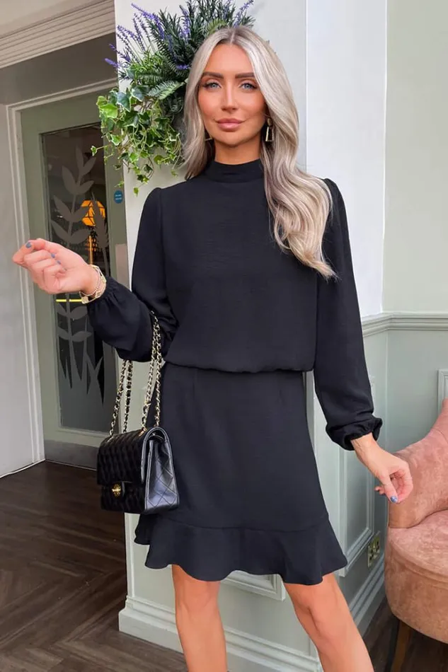 AX Paris Black High Neck Long Sleeve Mini Dress Women Dresses