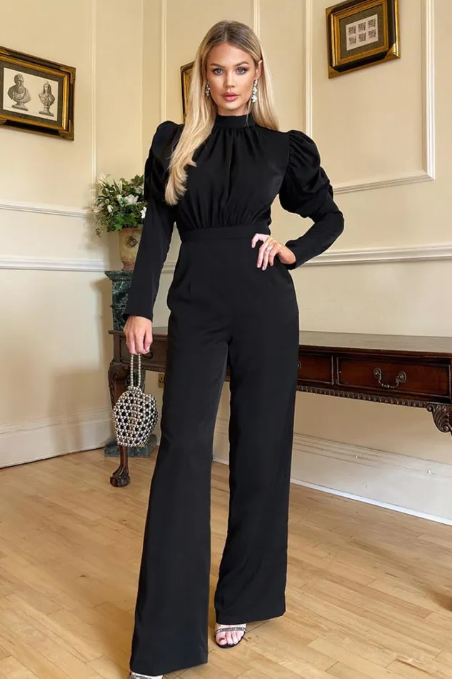 AX Paris Black High Neck Puff Sleeve Jumpsuit Women Jumpsuits And Playsuits