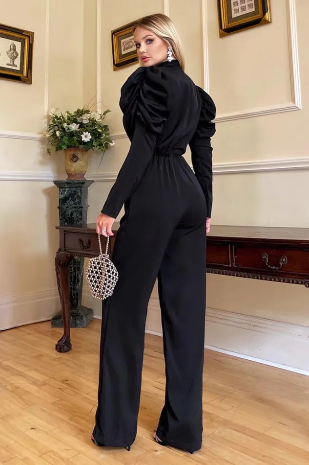 AX Paris Black High Neck Puff Sleeve Jumpsuit Women Jumpsuits And Playsuits