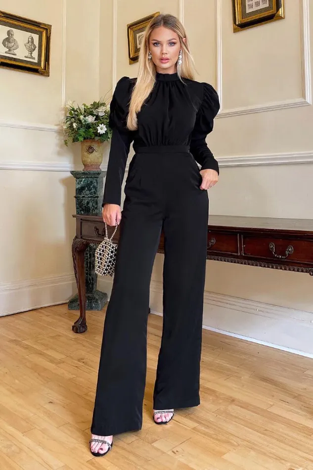 AX Paris Black High Neck Puff Sleeve Jumpsuit Women Jumpsuits And Playsuits