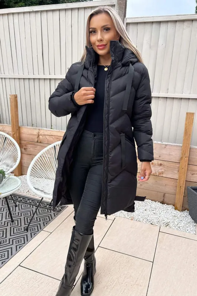 AX Paris Black Hooded Long Line Puffer Coat Women Coats and Jackets