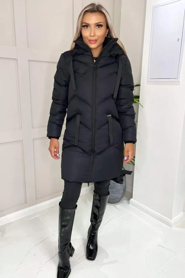 AX Paris Black Hooded Long Line Puffer Coat Women Coats and Jackets