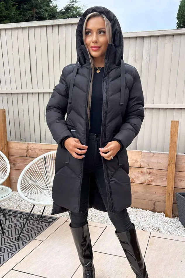 AX Paris Black Hooded Long Line Puffer Coat Women Coats and Jackets