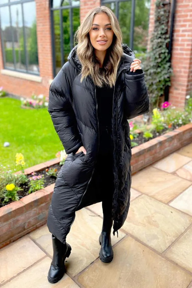 AX Paris Black Hooded Long Puffer Coat Women Coats and Jackets