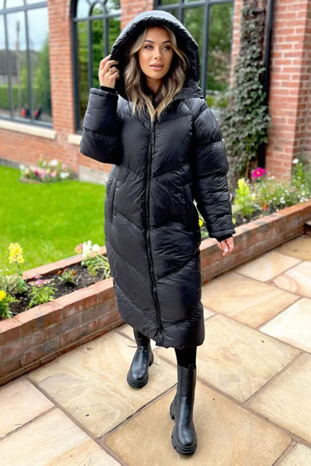 AX Paris Black Hooded Long Puffer Coat Women Coats and Jackets