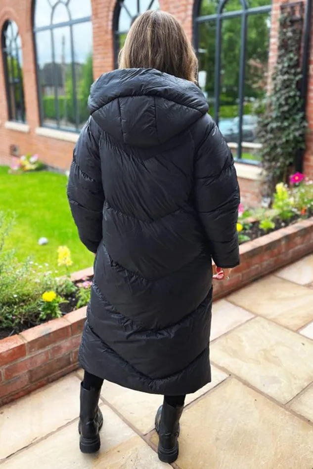 AX Paris Black Hooded Long Puffer Coat Women Coats and Jackets