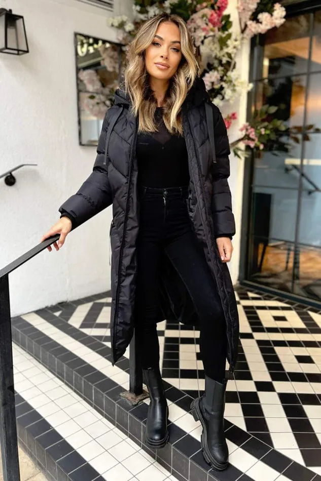 AX Paris Black Hooded Puffer Coat With Zip Front Pockets Women Coats and Jackets