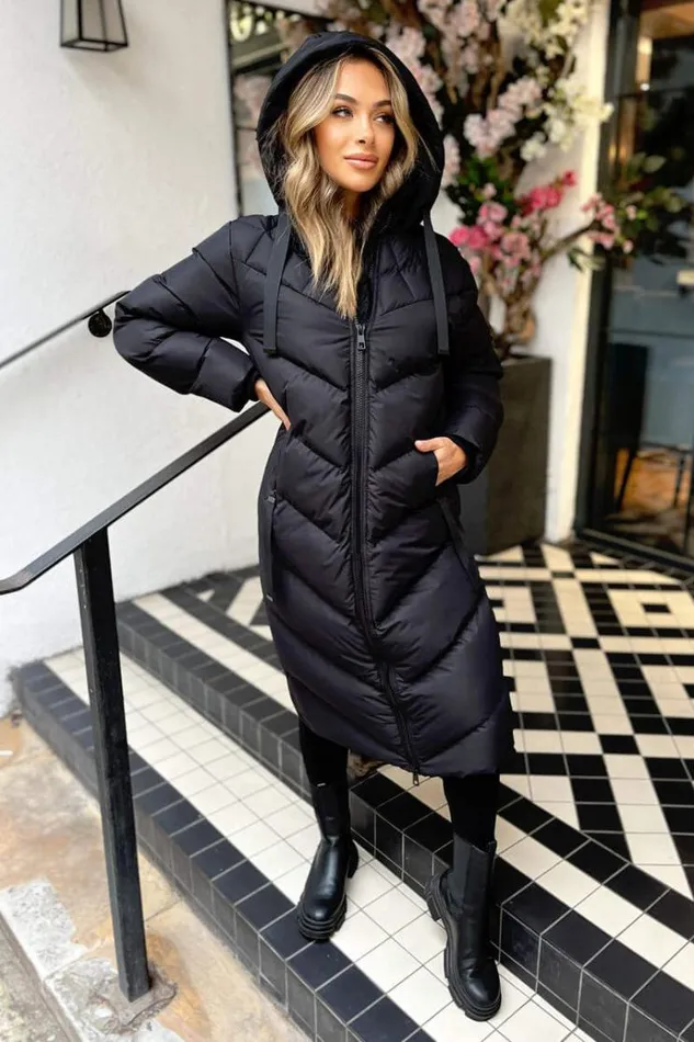 AX Paris Black Hooded Puffer Coat With Zip Front Pockets Women Coats and Jackets