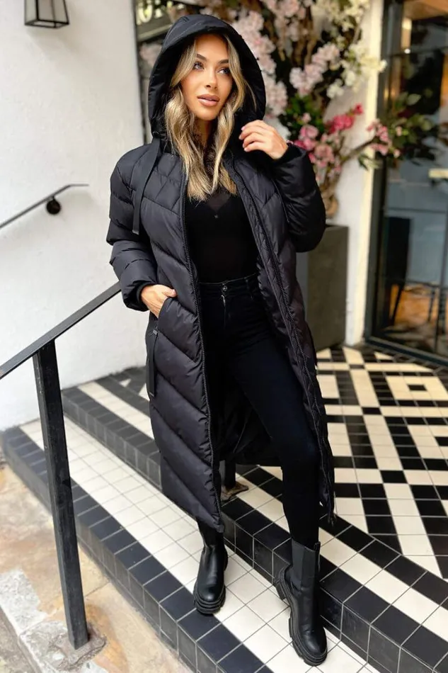 AX Paris Black Hooded Puffer Coat With Zip Front Pockets Women Coats and Jackets