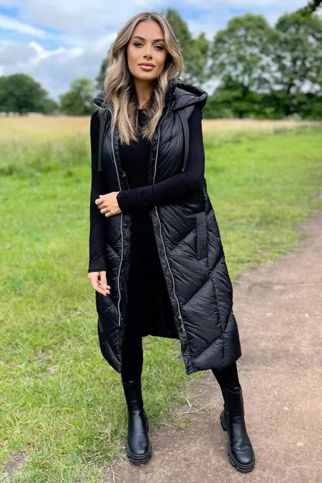 AX Paris Black Hooded Puffer Gilet Women Coats and Jackets