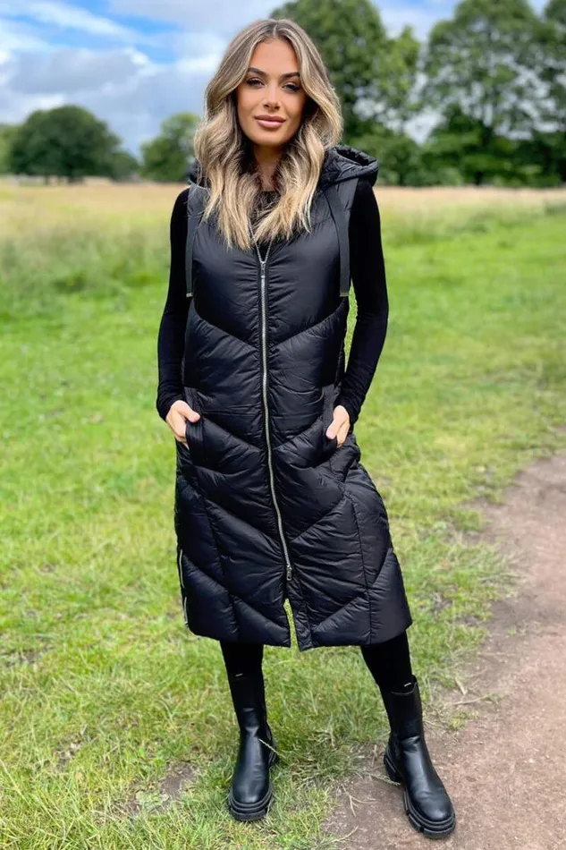 AX Paris Black Hooded Puffer Gilet Women Coats and Jackets