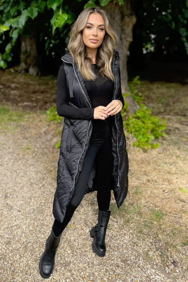 AX Paris Black Hooded Puffer Gilet Women Coats and Jackets