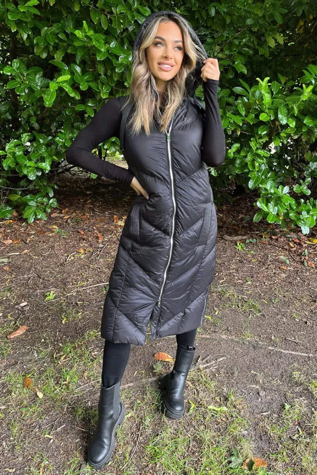 AX Paris Black Hooded Puffer Gilet Women Coats and Jackets