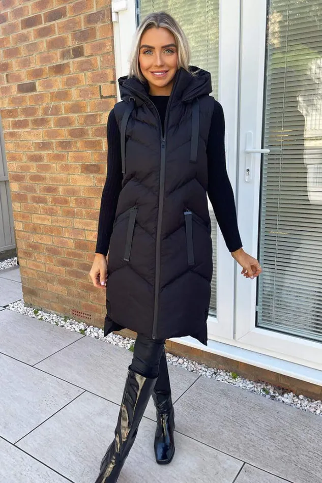 AX Paris Black Hooded Zip Up Gilet Women Coats and Jackets