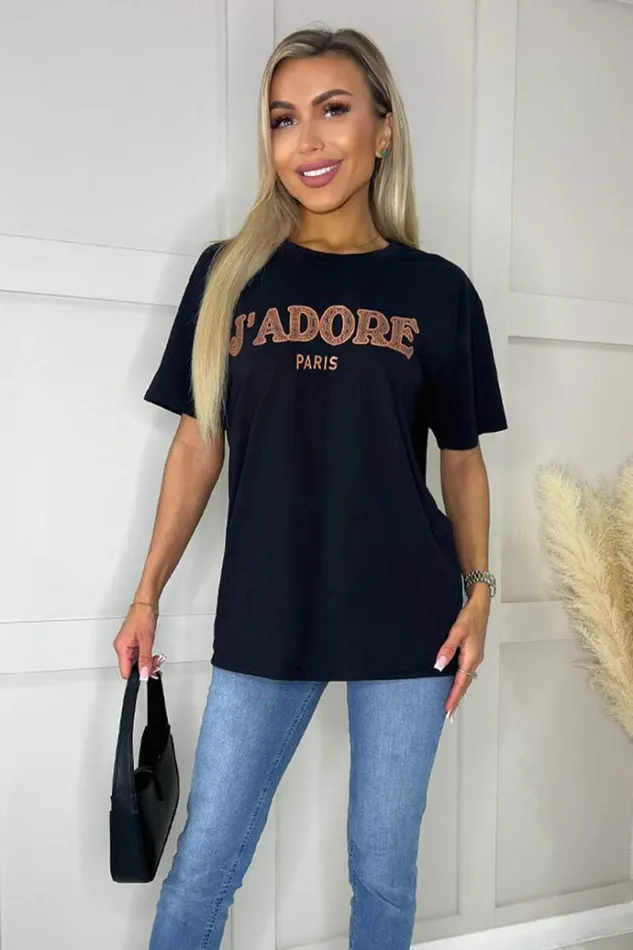 AX Paris Black J039Adore Rose Gold Slogan TShirt Women Tops