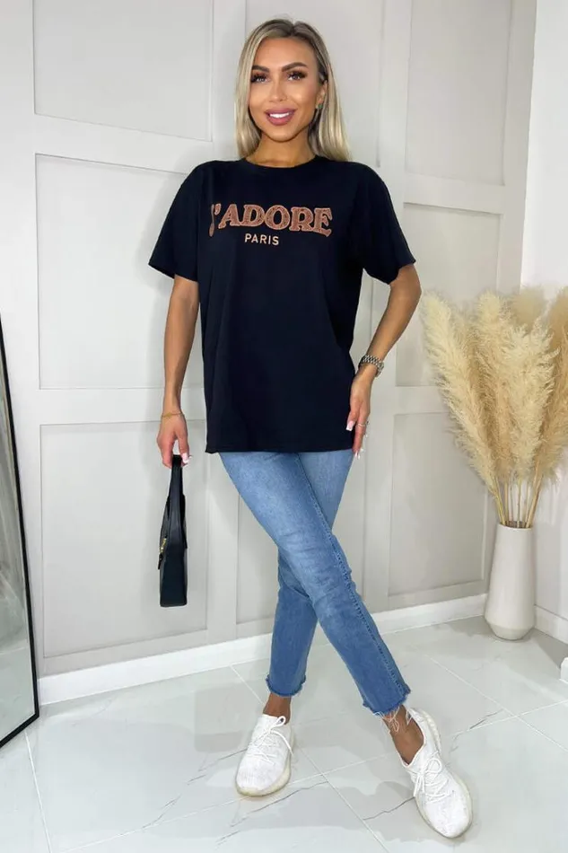 AX Paris Black J039Adore Rose Gold Slogan TShirt Women Tops