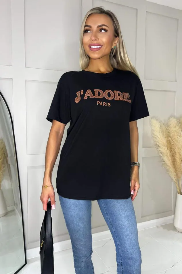 AX Paris Black J039Adore Rose Gold Slogan TShirt Women Tops