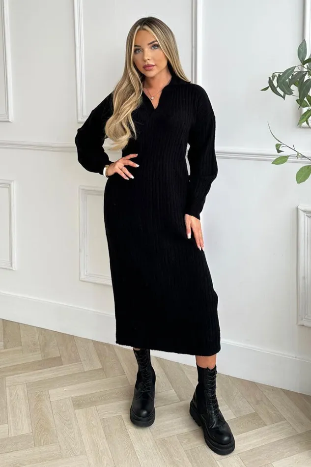 AX Paris Black Knit Long Sleeve Collared Midi Dress Women Knitwear