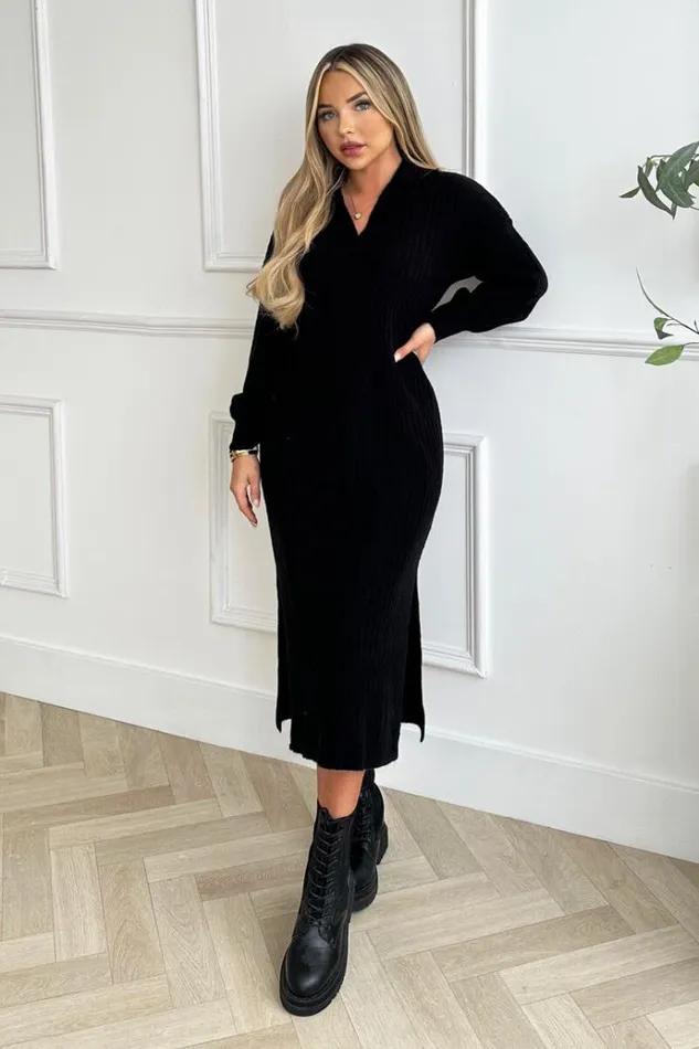 AX Paris Black Knit Long Sleeve Collared Midi Dress Women Knitwear