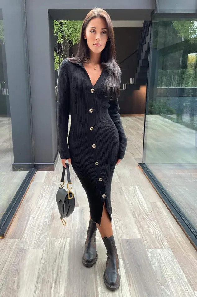 AX Paris Black Knitted Button Front Midi Dress Women Knitwear
