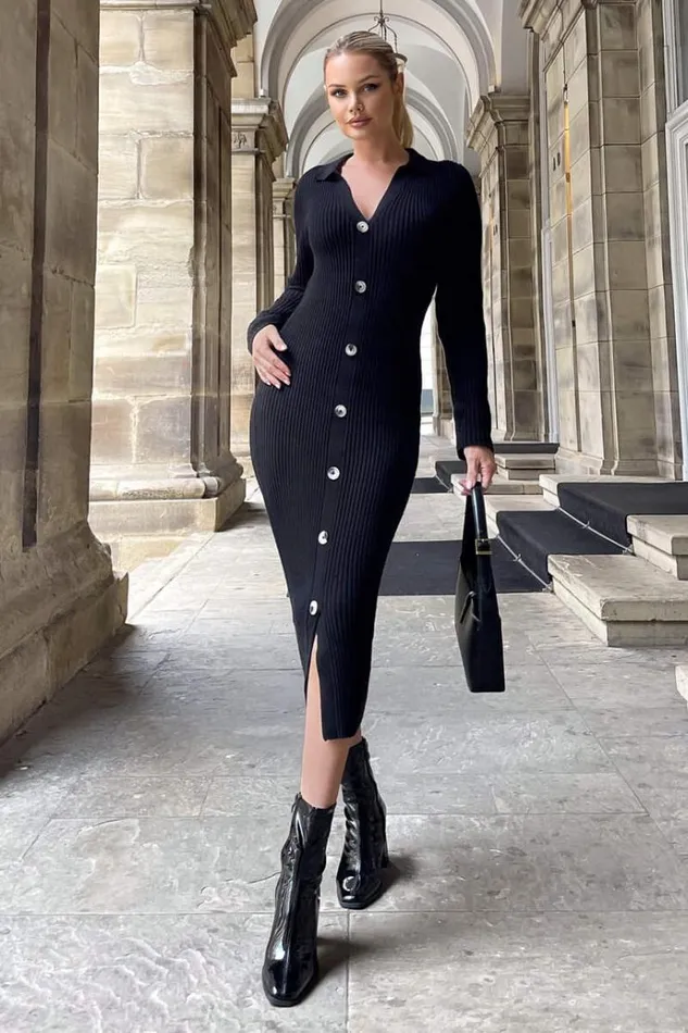 AX Paris Black Knitted Button Front Midi Dress Women Knitwear