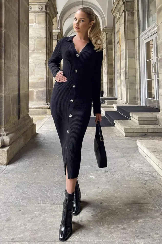 AX Paris Black Knitted Button Front Midi Dress Women Knitwear