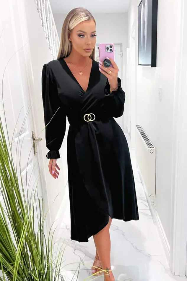 AX Paris Black Long Sleeve Belted Midi Dress Women Dresses